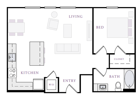 Floor plan for 1 bed, 1 bath, 712 sqft